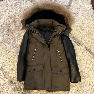 Mackage Cynthia Peach Lux Down Jacket in Moss with leather sleeves